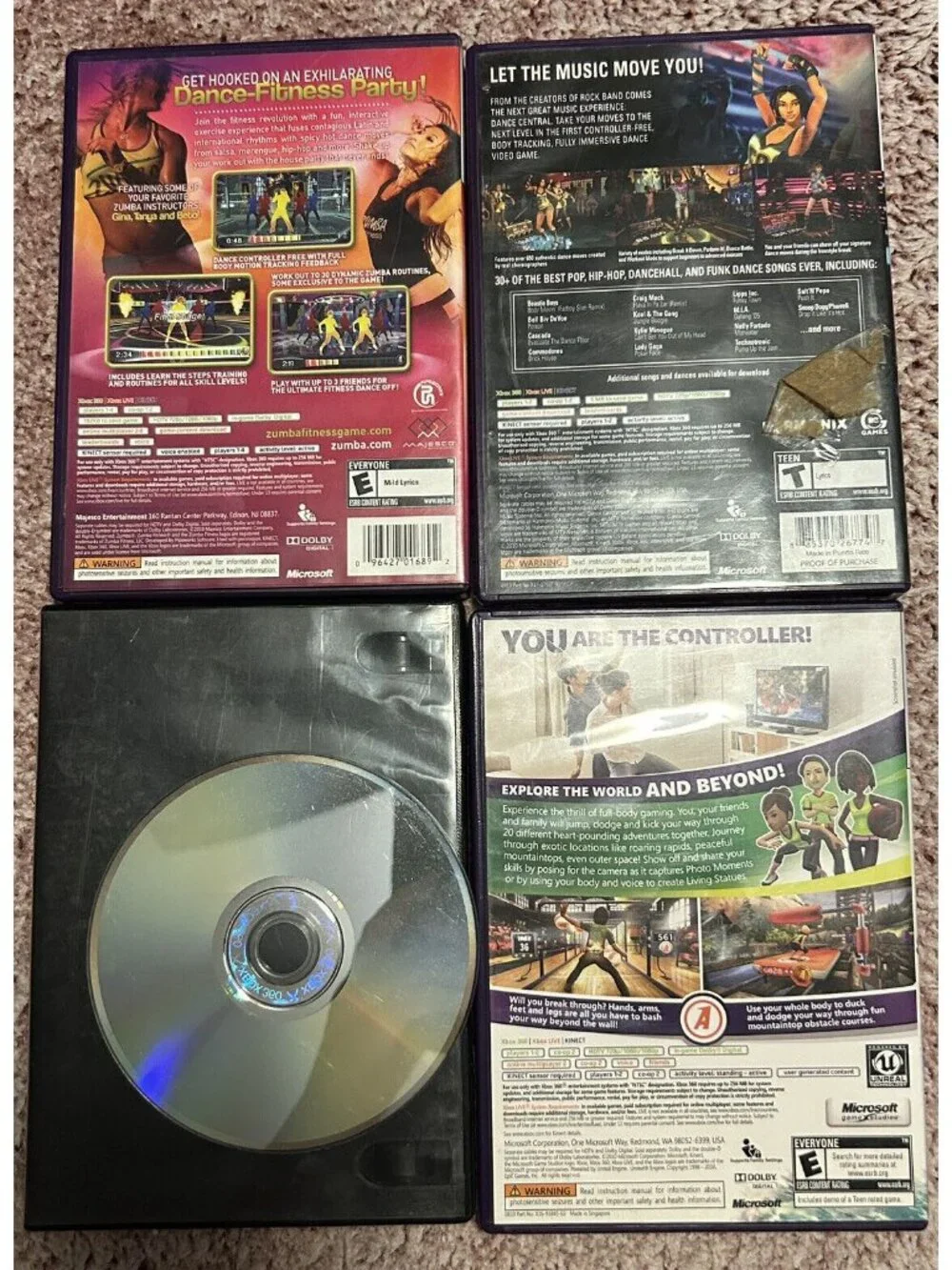 Lot of 4 XBOX 360 Kinect Zumba Fitness, Sports, Dance Central, Adventures! READ